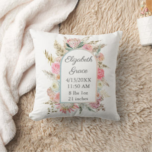Personalisierte Geburtsstatistik Rosa Floral Boho Kissen