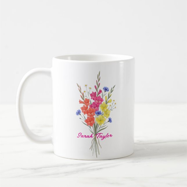 Personalisierte Geburtstagblume Gladiole Maßanfert Kaffeetasse (Links)