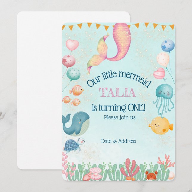 Personalisierte Geburtstagskarte von Mermaid Einladung (Vorne/Hinten)