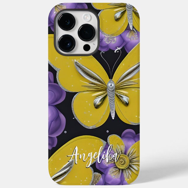 Personalisierte gelbe Schmetterlinge und violette  Case-Mate iPhone Hülle (Rückseite)