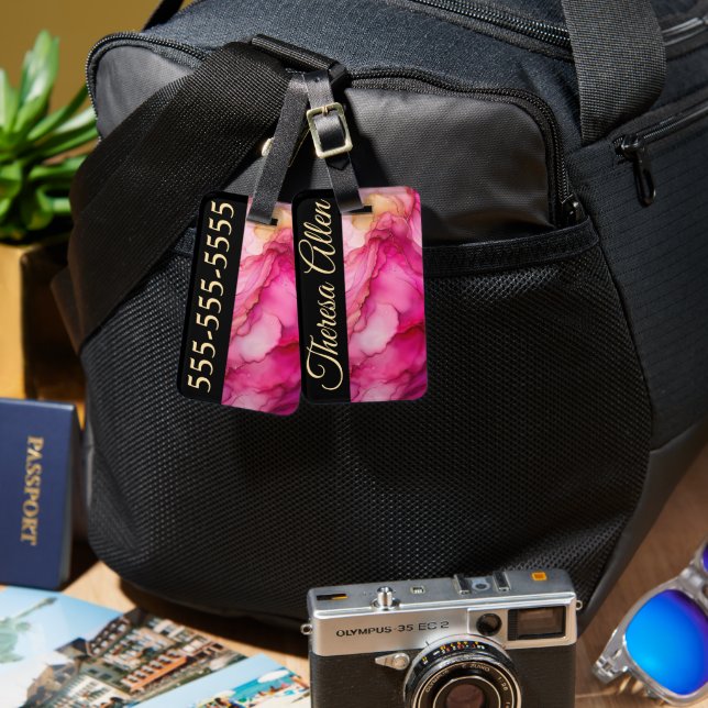 Personalisierte Gepäckmarke in schwarz und rosa Gepäckanhänger (Vorderseite & Rückseite)