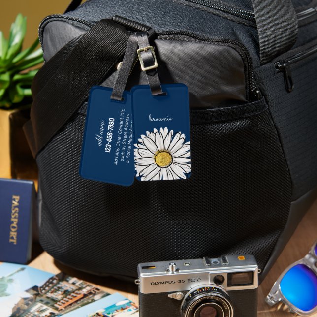 Personalisierte Gepäckmarke Navy & Pink Daisy Gepäckanhänger (Vorderseite & Rückseite)