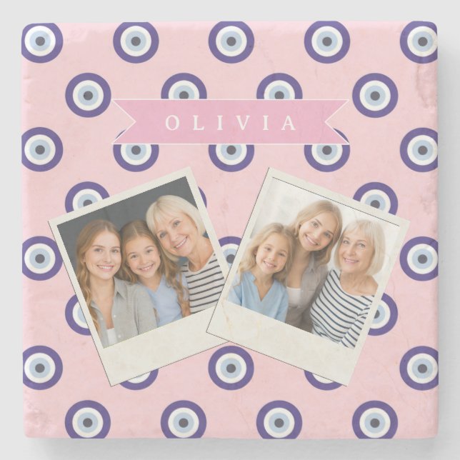 Personalisierte Geschenke mit rosa bösen Blick-Mus Steinuntersetzer (Vorderseite)