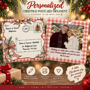 Personalisierte Gingham-Weihnachts-Postkarte Keramikornament