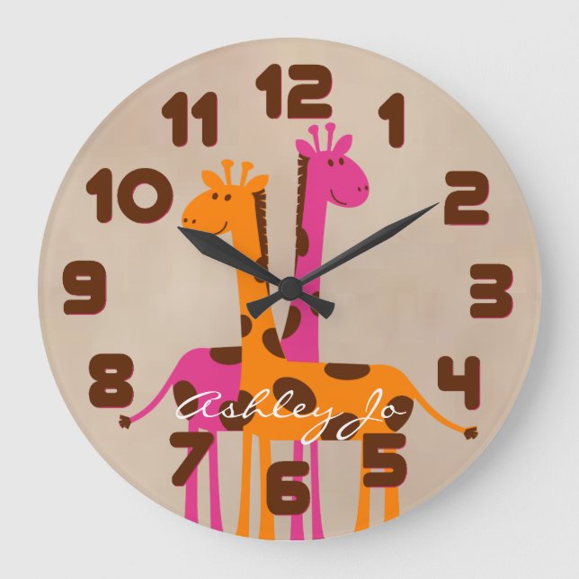 Personalisierte Giraffenmauer Große Wanduhr (Vorderseite)