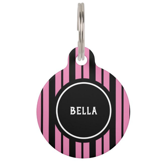 Personalisierte, Girl Hot Pink Black Stripes Haustiermarke (Vorderseite)
