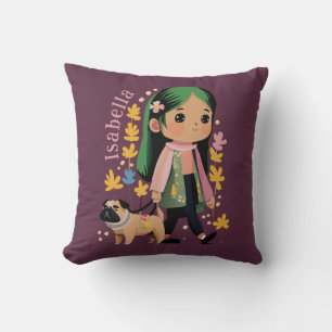 Personalisierte Girl Walking mit Mops Kissen