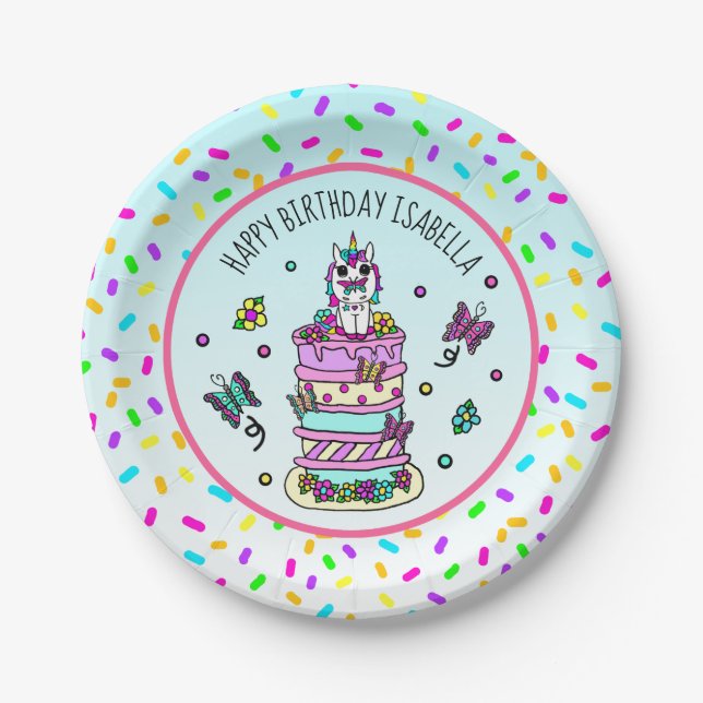 Personalisierte Girl's Birthday Unicorn Butterflie Pappteller (Vorderseite)