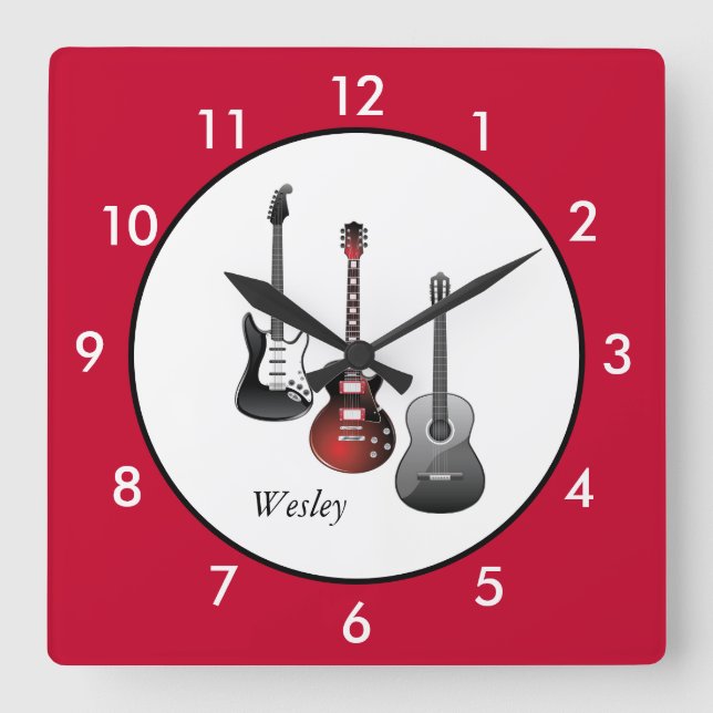 Personalisierte Gitarren Red Quadratische Wanduhr (Vorderseite)