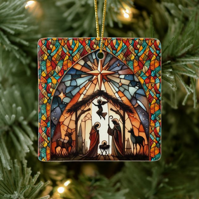 Personalisierte Glasmalerei-Weihnachtskrippe Keramikornament (Baum)