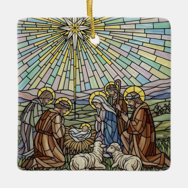 Personalisierte Glasmalerei-Weihnachtskrippe Keramikornament (Vorderseite)