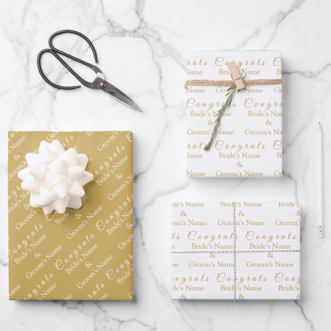 Personalisierte Glückwunsch Name! Gold & White Wed Geschenkpapier Set (Vorderseite)