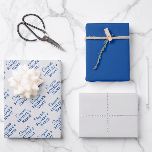 Personalisierte Glückwunsch Retiree! Blau auf Silb Geschenkpapier Set (Vorderseite)