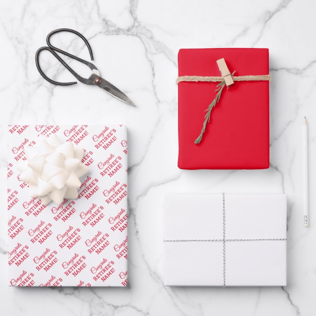 Personalisierte Glückwunsch Retiree! Red on White Geschenkpapier Set (Vorderseite)
