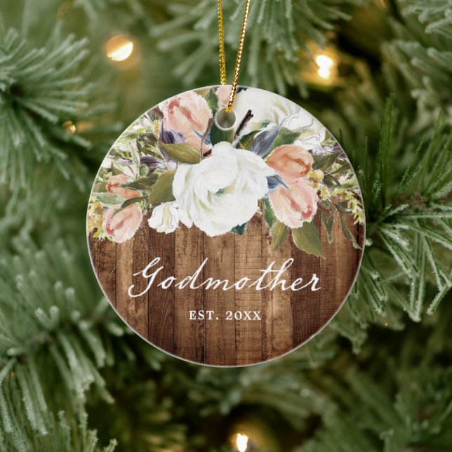 Personalisierte Godmutter Country Woodgrain Weihna Keramik Ornament (Baum)