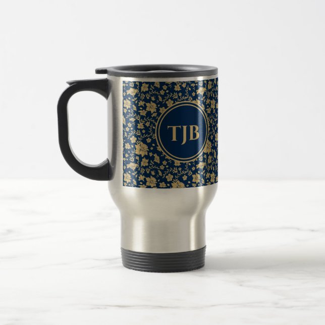Personalisierte Gold Navy Floral Travel Mug Reisebecher (Links)