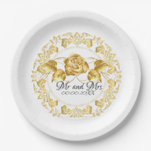 Personalisierte Gold Rose Hochzeitspapier-Teller Pappteller