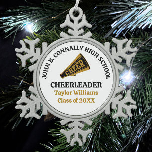 Personalisierte Gold-Schwarze High School Cheerlea Schneeflocken Zinn-Ornament