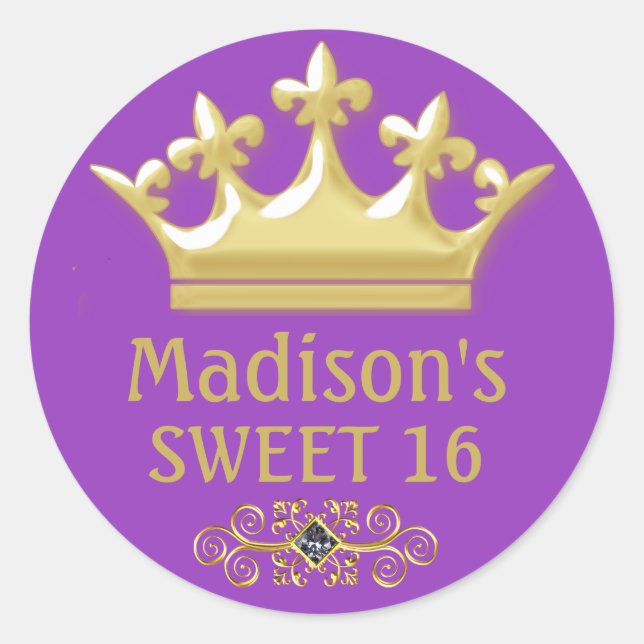 Personalisierte Golddruckkronen auf Lila Süß 16 Runder Aufkleber (Vorderseite)