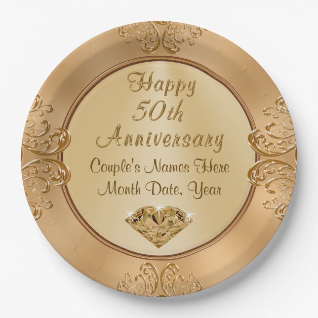 Personalisierte Golden 50th Anniversary Paper Tell Pappteller (Vorderseite)