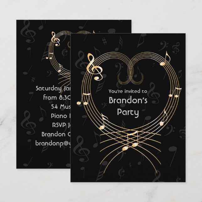 Personalisierte Golden Heart Musical Notes Geburts Einladung (Vorne/Hinten)
