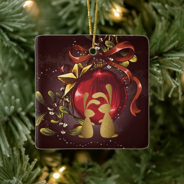 Personalisierte goldene Bunnies in der Liebe Weihn Keramikornament (Baum)