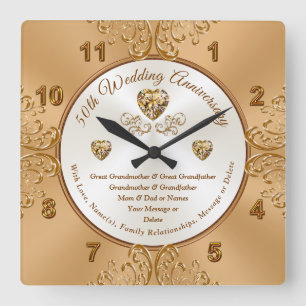 Personalisierte goldene Hochzeitstippuhren Quadratische Wanduhr