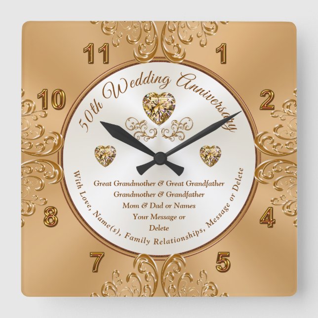 Personalisierte goldene Hochzeitstippuhren Quadratische Wanduhr (Vorderseite)