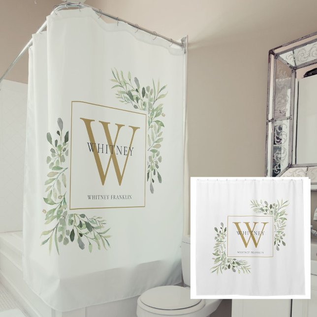 Personalisierte Goldfarbengrün Duschvorhang (Personalized Gold Monogram Watercolor Greenery Shower Curtain)