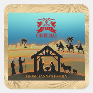 Personalisierte Goldkrippe "Frohe Weihnachten" Quadratischer Aufkleber
