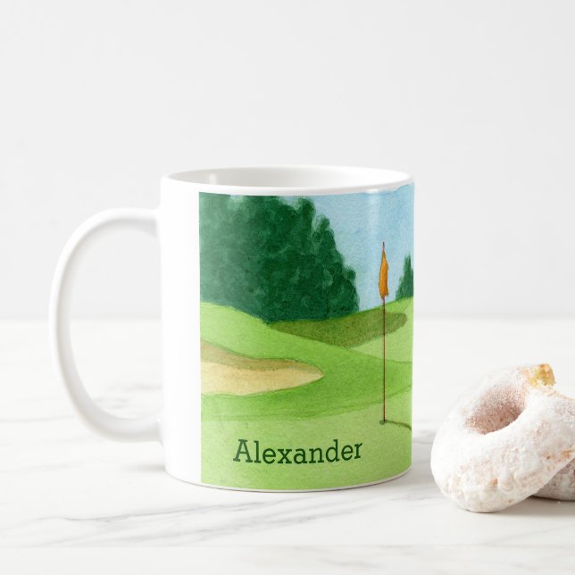 Personalisierte Golf-Kurs-Grün-Illustration Kaffeetasse (Mit Donut)