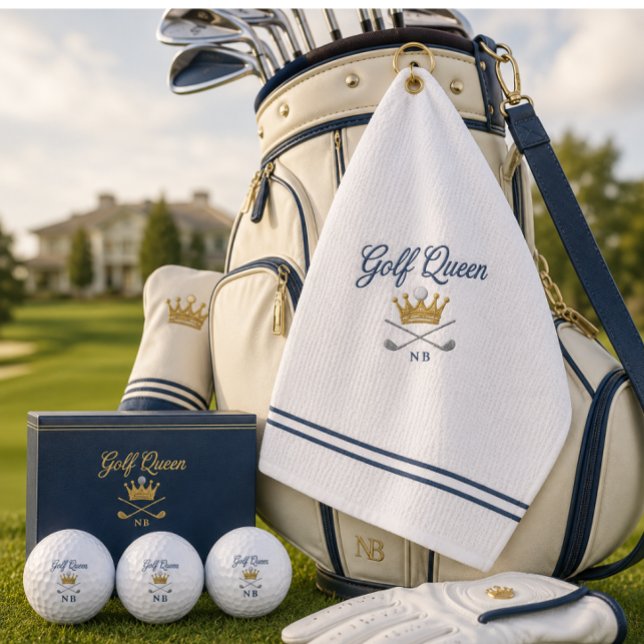 Personalisierte Golfbälle für sie | Golf Königin  (Luxury Golf Queen towel and personalized golf balls styled for elegant country club gifting.)