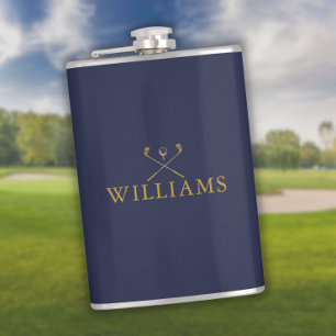 Personalisierte Golfschläger mit Namen in Gold und Flachmann