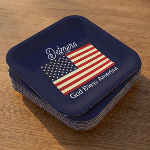Personalisierte Gott segne Amerika-Flagge  Pappteller