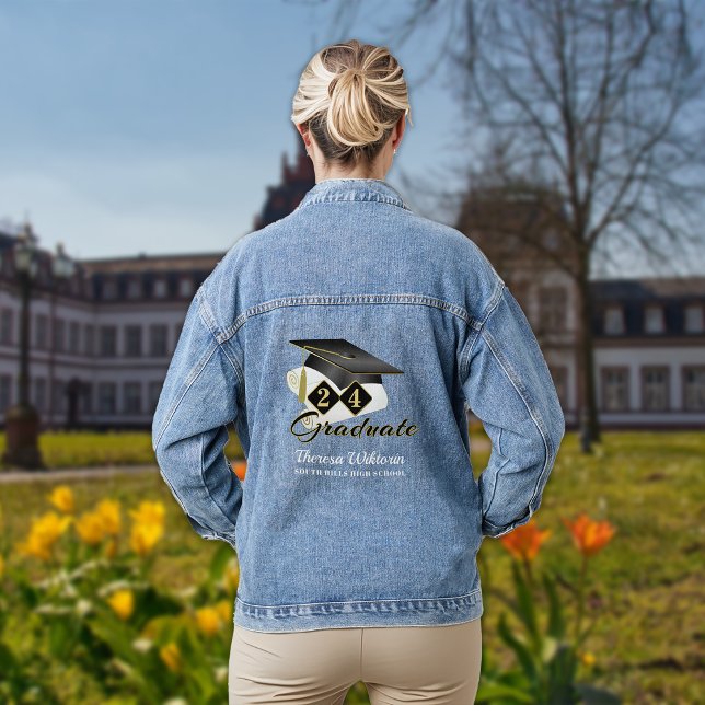 Personalisierte Graduiertenklassenklassenklauseln Jeansjacke (Personalized Graduation Cap Black Gold Stars Denim Jacket)