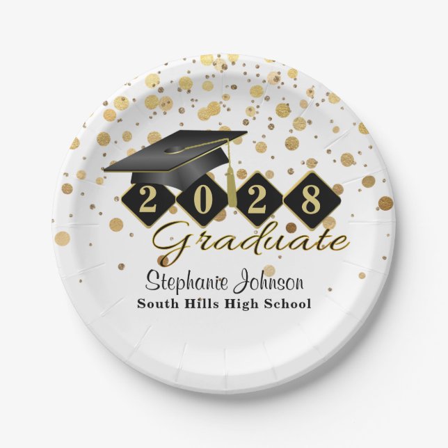 Personalisierte Graduierungsparty Black & Gold 20X Pappteller (Vorderseite)
