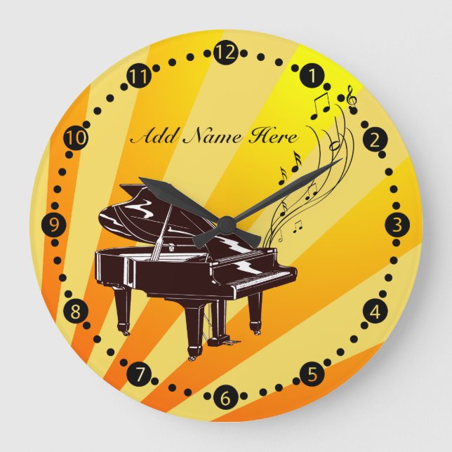 Personalisierte Grand Piano-Noten Gelb und Gold Große Wanduhr (Vorderseite)
