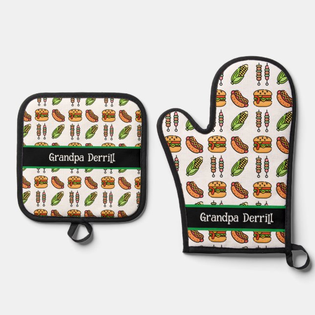 Personalisierte Grandpa Niedlich Barbecue Foods Ofenhandschuh & Topflappen-Set (Vorderseite)