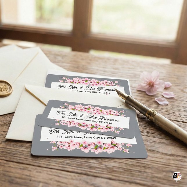 Personalisierte Grau- und Rosa-Kirschblüten-Hochze Adressaufkleber (Von Creator hochgeladen)