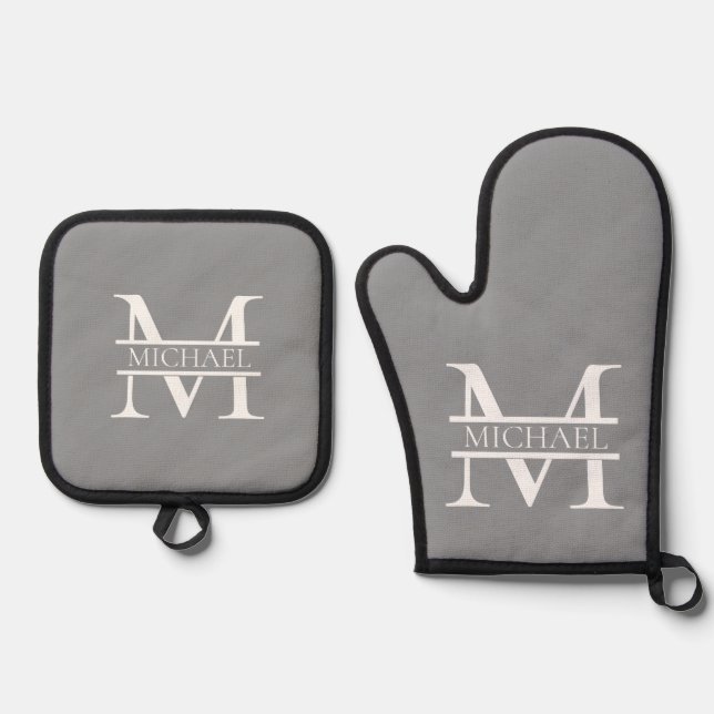 Personalisierte Graue Monogramm und Name Ofenhandschuh & Topflappen-Set (Vorderseite)