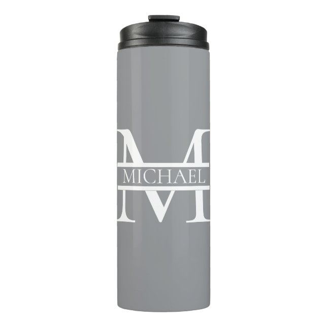 Personalisierte Graue Monogramm und Name Thermosbecher (Vorderseite)