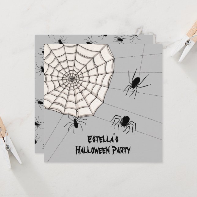 Personalisierte, graue Spinnen Halloween Einladung (Vorderseite/Rückseite Beispiel)