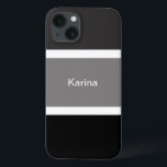 Personalisierte, graue und weiße Streifen Case-Mate iPhone Hülle<br><div class="desc">Sie werden dieses moderne,  schicke und stilvolle Handy mit einem grauen,  schwarz-weißen Streifen-Muster Liebe. Große schwarz-graue Streifen mit kleinen weißen Streifen. Personalisiert mit dem Namen,  der in einem weißen Text gedruckt wurde.</div>