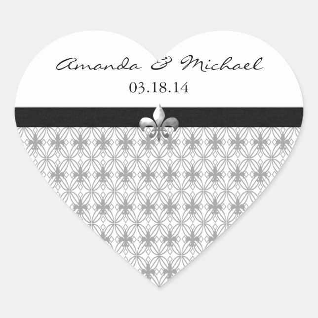 Personalisierte Gray Fleur de Lis Heart Stickers (Vorderseite)