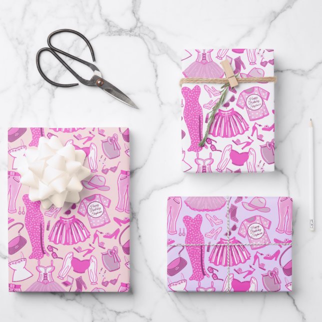Personalisierte Grillecke Rosa und Hot Rosa Mode Geschenkpapier Set (Vorderseite)