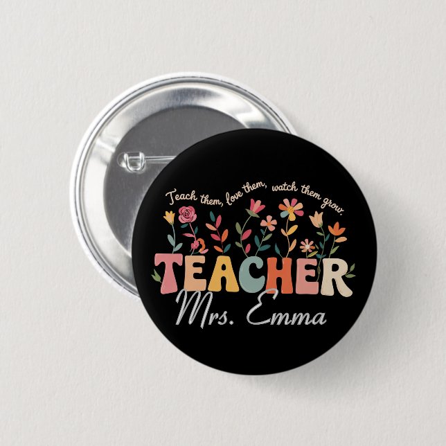 Personalisierte Groovy Blumen Lehrer Geschenk Button (Vorne & Hinten)