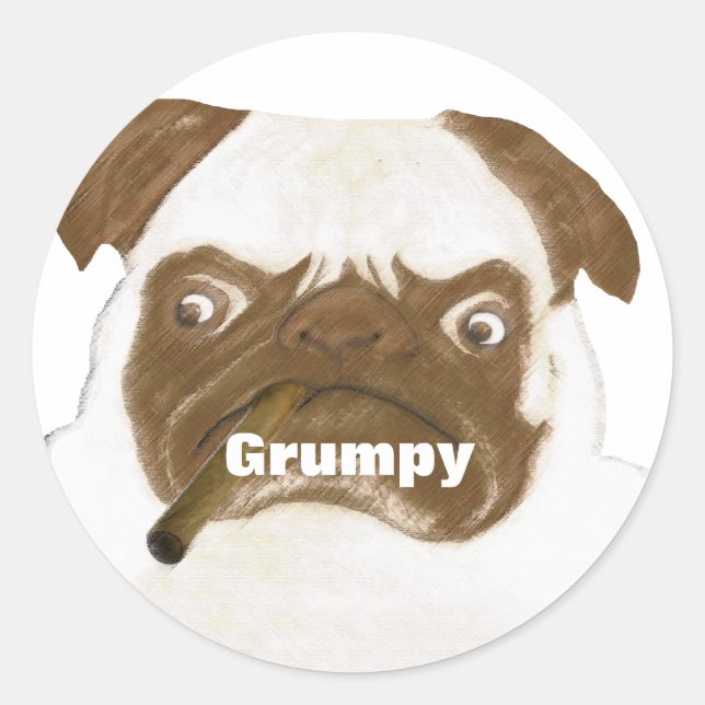 Personalisierte Grumpy Puggy mit Cigar Runder Aufkleber (Vorderseite)