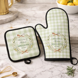 Personalisierte grüne Gingham-Hochzeit für Frischv Ofenhandschuh & Topflappen-Set