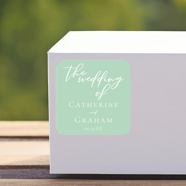 Personalisierte Grüne Hochzeit mit weichem Minze Quadratischer Aufkleber (Von Creator hochgeladen)