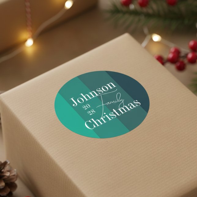 Personalisierte grüne Streifen Familienname Weihna Runder Aufkleber (Von Creator hochgeladen)